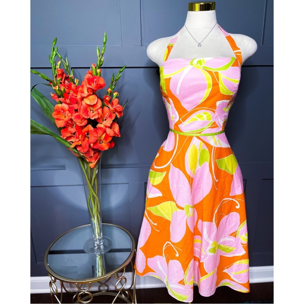 Vintage Vibrant Orange Floral Halter Dress